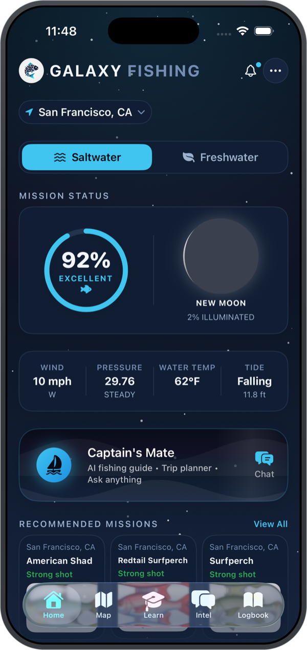 The Galaxy Fishing home screen: a 92% Excellent fishing score, new moon phase, live wind, pressure, water temperature and tide, the Captain's Mate AI guide, and recommended missions for San Francisco