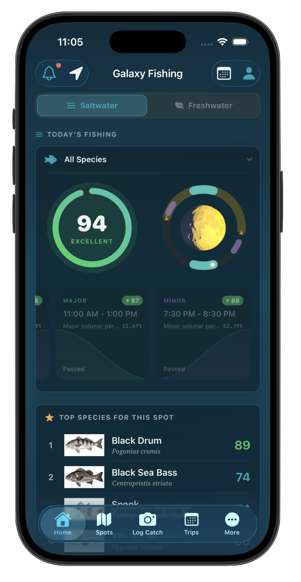 Galaxy Fishing app showing AI-powered fishing scores, solunar clock, and bite time predictions